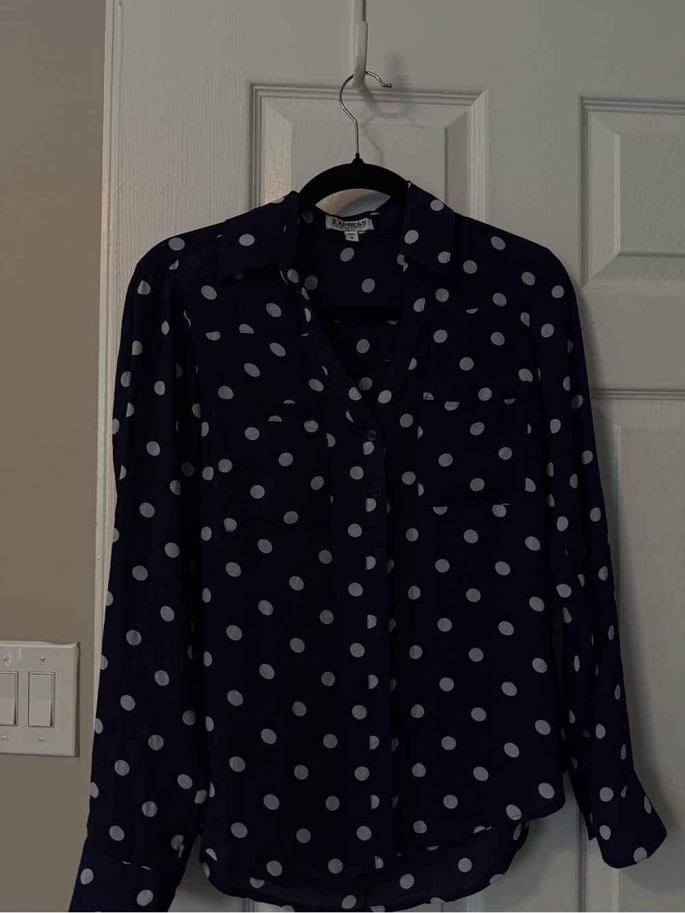 Express Navy Blue Polka Dot Button-Down Blouse